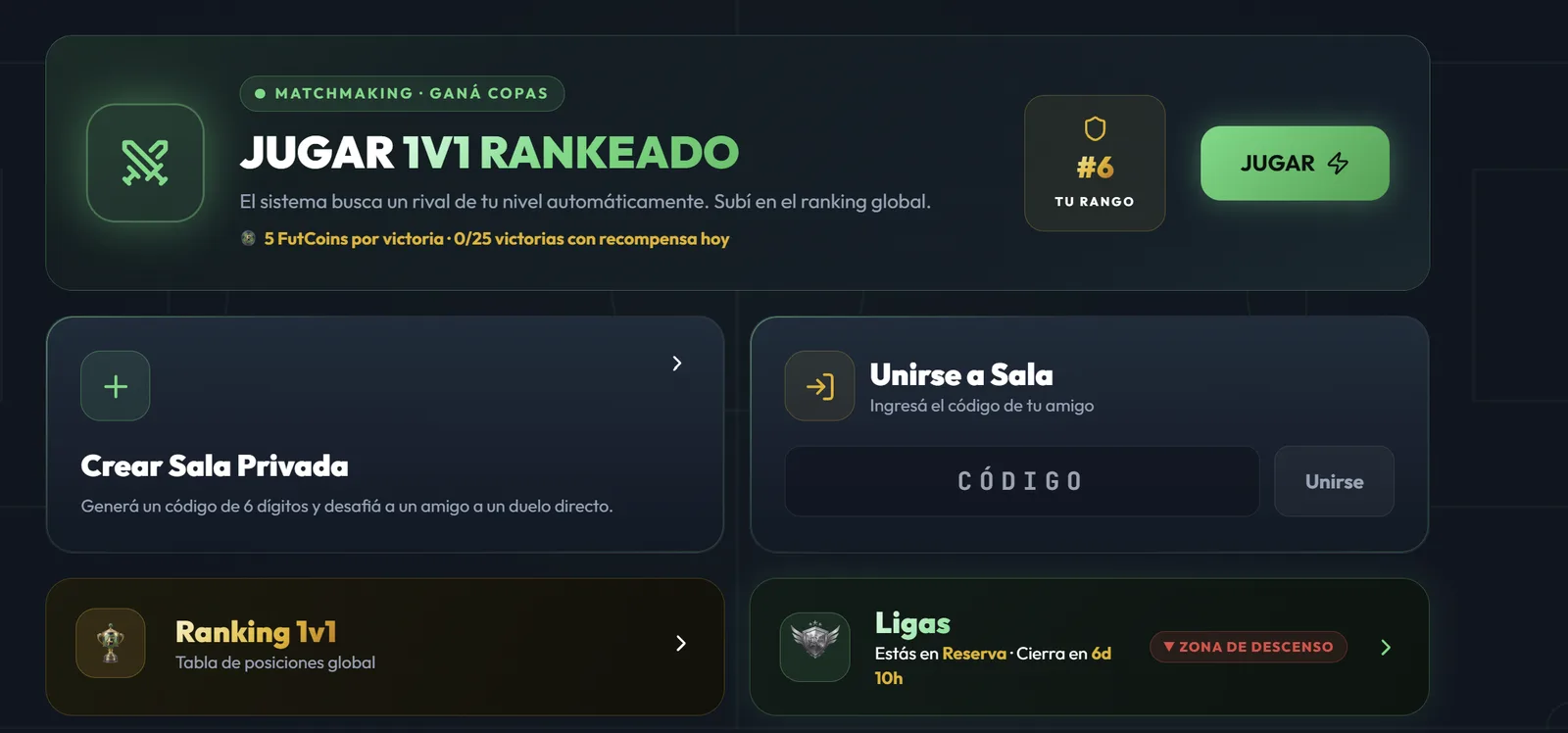 Sección Cara a Cara de FutDraft: opción de jugar 1v1 rankeado por matchmaking, crear una sala privada con código de 6 dígitos, o unirse a la sala de un amigo escribiendo el código