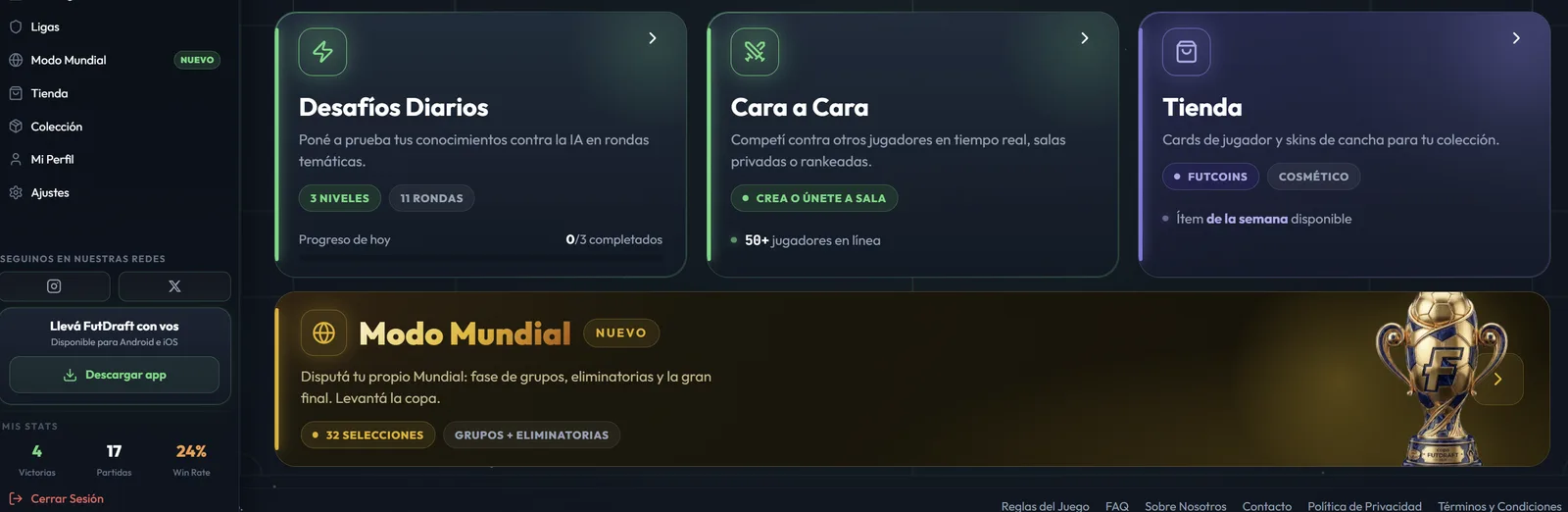 Los modos de FutDraft en el menú principal: Desafíos Diarios contra la IA, Cara a Cara 1v1 en tiempo real, Tienda de cartas y skins, y Modo Mundial con 32 selecciones