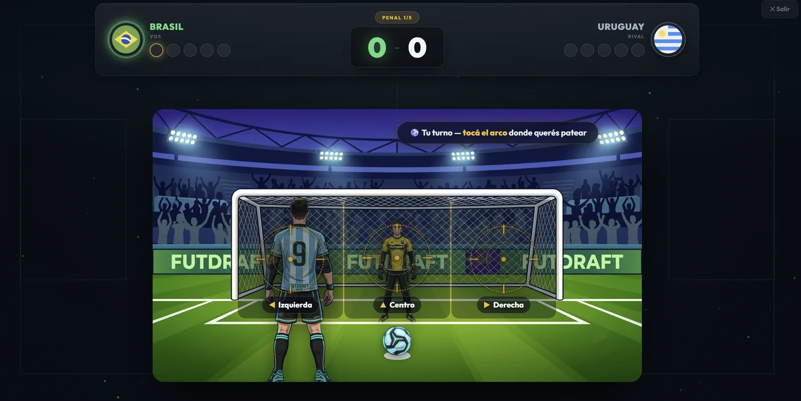 Pantalla de penal en FutDraft: el jugador elige entre izquierda, centro y derecha para patear al arco